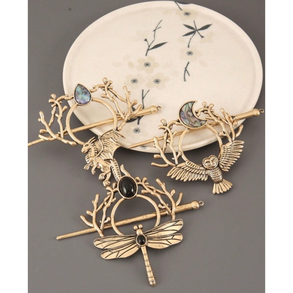 Bohemian Totem Hair Clip Set Vintage Zinc Alloy Dragonfly Owl Dragon Gold Tone
